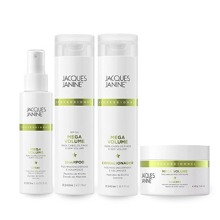 Kit Mega Volume Shampoo Limpeza Completa 240ml + Condicionador Nutritivo 240ml + Máscara Hidratação 240g + Spray Finalizão Antifrizz, Jacques Janine