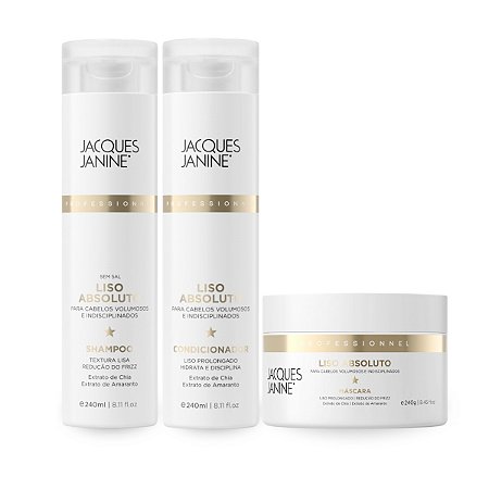 Kit Shampoo Limpeza Suave 240ml + Condicionador Nutrição Maciez 240ml + Máscara Hidratação Brilho 240g, Liso Absoluto Jacques Janine