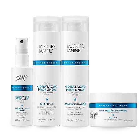 Kit Shampoo 240ml + Condicionador 240ml + Máscara Tratamento 240g + Óleo Bifásico Antifrizz 60ml, Hidratação Profunda Jacques Janine