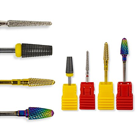 Kit 4 Brocas Tungstênio Umbrella XF, Bullet F-Colorful, Umbrella XF-Medium, Flame F-720 Lixadeira Motor Polidor Manicure Alongamento Unhas de Gel Fibra Manutenção