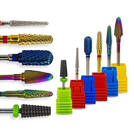 Kit 6 Brocas Tungstênio Umbrella F-Gold + Large Barrel Ball M-Blue + Umbrella C-TRL + Flame F-720 + Umbrella M-Colorful + Bullet-XF, Lixadeira Alongamento Unhas Acabamento Manutenção Manicure