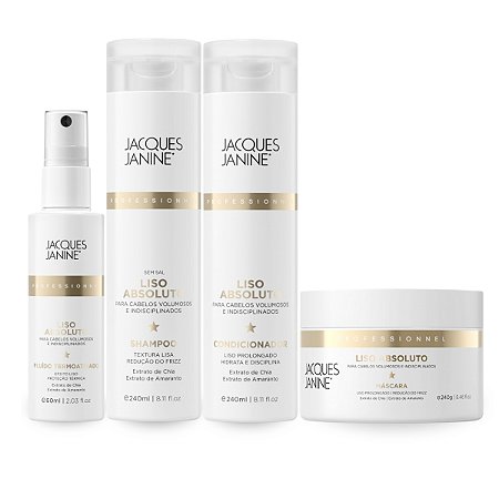 Kit Shampoo Limpeza Suave 240ml + Condicionador Desembaraçante 240ml + Máscara Hidratação 240g + Fluído Proteção Térmica 120ml, Liso Absoluto Jacques Janine