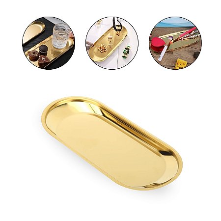 Bandeja Inox Oval Dourada Armazenamento Acessórios Instrumentos Manicure Decoração Cosmético Joias Design Moderno