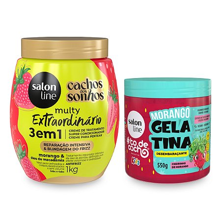 Kit Creme 3 em 1 Cachos dos Sonhos Reparação Intensiva 1Kg + Gelatina Desembaraçante Definição Antifrizz Morango 550g Salon Line