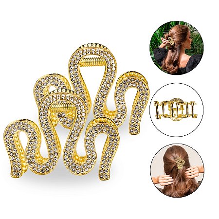Kit 2 Presilhas Metal Vintage Ondulada Strass Dourado Cabelo Penteado Cravejada Strass Acessório Aço Resistente
