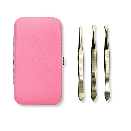 Kit Estojo de Pinças Utensílios Com Trava Rosa + 3 Pinças Aço Inox Sobrancelha Dourado Reta Chanfrada Fina Profissional