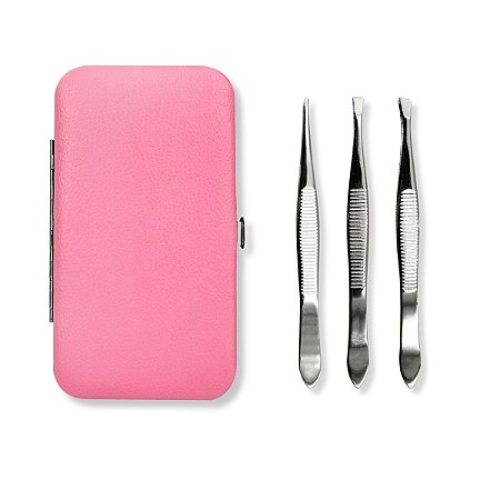 Kit Estojo Case Forrado Rosa Com Trava Porta Utensílios + 3 Pinça Aço Inox Prateada Design Sobrancelha Fina Reta Chanfrada