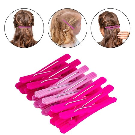 Kit 12 Prendedor Cabelo Presilha Bico de Pato Tons Rosa Cabeleireira Corte Escova Profissional Penteados Salão de Beleza