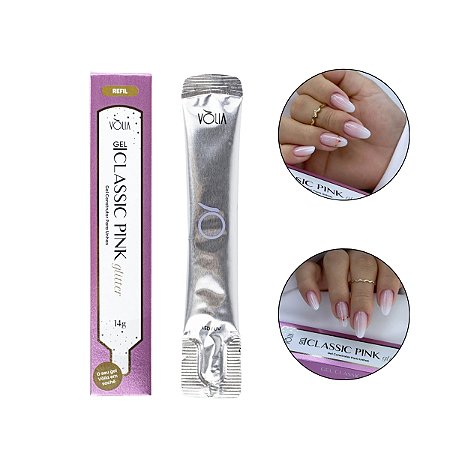 Sachê Refil Gel Classic Pink Glitter 14g Led/Uv Alongamento Unhas Fibra, Vòlia Manicure Designer Decoração Profissional