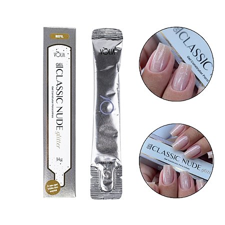 Sachê Refil Gel Construtor Alongamento Unhas Classic Nude Glitter 14g, Vòlia Nail Designer Manicure Decoração Nail Art