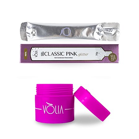 Sachê Refil Gel Construtor Classic Pink Glitter 14g Vòlia + Pote Eco Multicolor Reutilizável com Tampa 30g