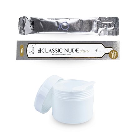 Sachê Refil Gel Construtor Classic Nude Glitter 14g Vòlia + Pote Branco Reutilizável Com Tampa Vedação 30g