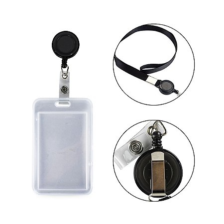 Porta Crachá Transparente Cordão Preto Roller Clip Retrátil