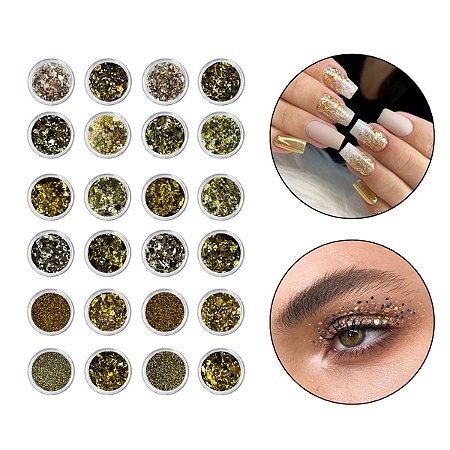 Kit 24 Glitter Decoração Unha Gel Nail Art Maquiagem Dourado