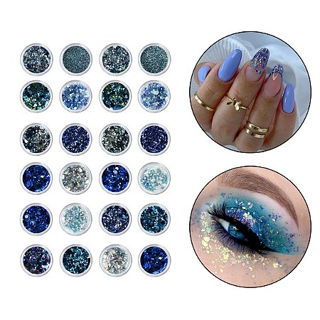 Kit 24 Glitter Decoração Unha Gel Nail Art Maquiagem Azul