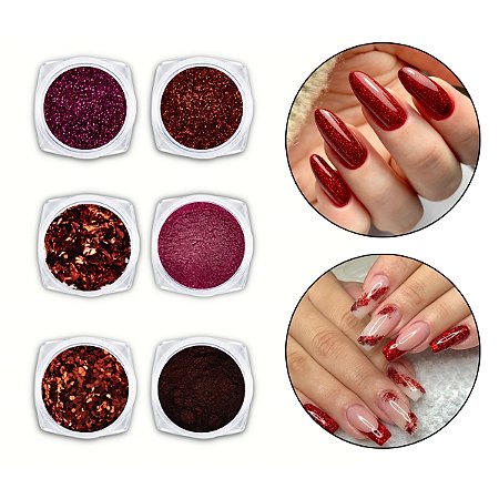 Kit 6 Glitter Pó Cromado Metalizado Unhas de Gel Vermelho