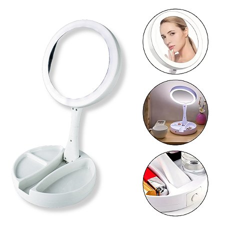 Espelho Camarim 2 Lados Zoom Redondo Led Porta Joias Branco