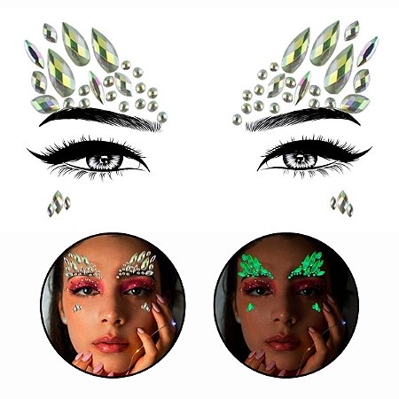 Kit 3 Adesivos Faciais Fluorescentes Carnaval Pedraria Strass