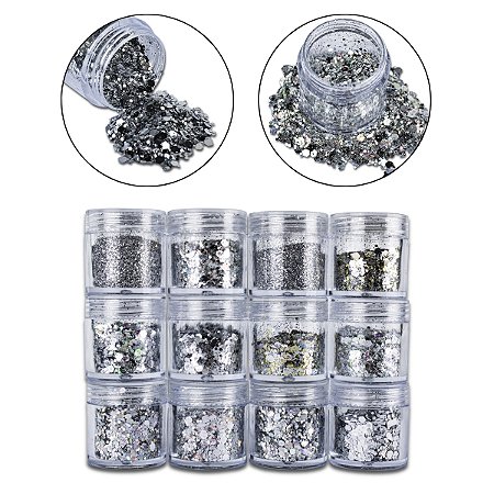 Kit 12 Glitter Prata Decoração Unhas Encapsulada Gel Fibra