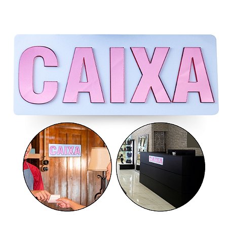 Placa Acrílica Espelhada Caixa Loja Comércio Branco e Rosa
