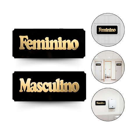 Kit 2 Placa Sinalização Masculino Feminino Preto Dourado
