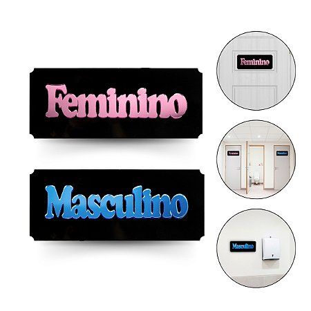 Kit 2 Placa Sinalização Masculino Feminino Preto Azul Rosa