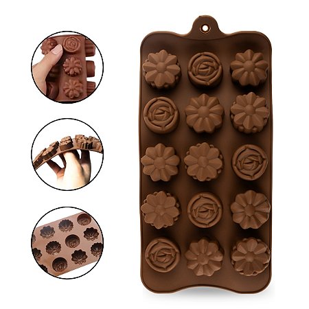 Forma de Silicone 3 Flores Rosas Confeitaria Molde Trufas