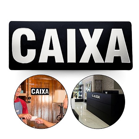 Placa Acrílica Espelhada Caixa Loja Comércio Preto e Prata