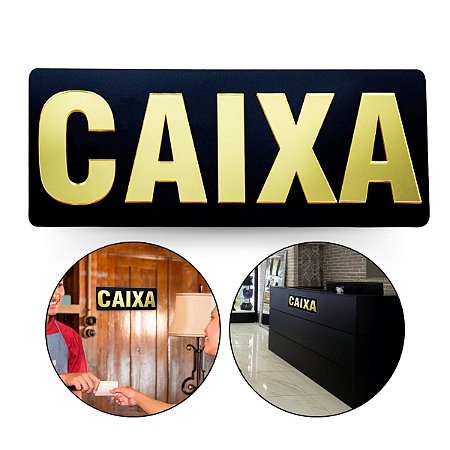 Placa Acrílica Espelhada Caixa Loja Comércio Preto e Dourado