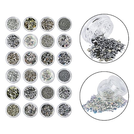 Kit 24 Glitter Decoração Encapsulamento Unhas Nail Art Prata
