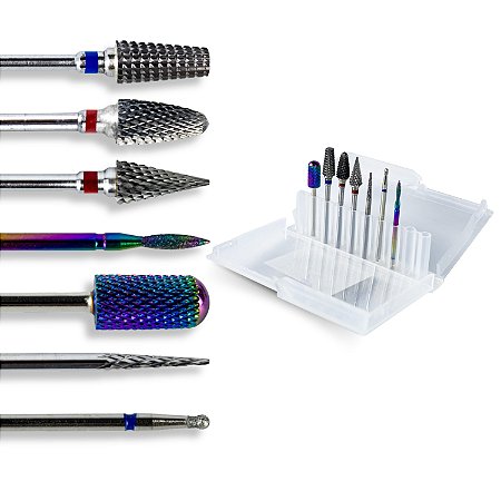 Kit 7 Brocas Tungstênio Diamantada + Caixa Suporte Unhas Gel