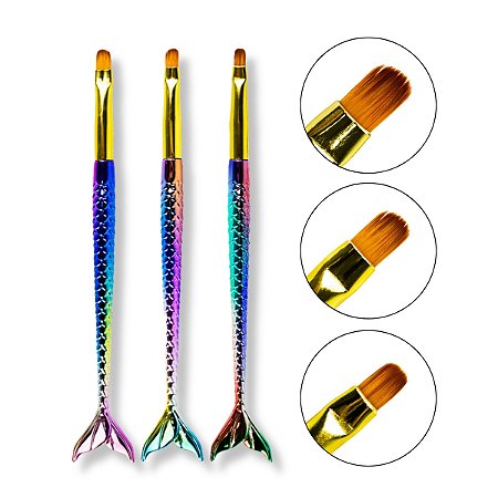 Kit 3 Pincéis Sereia Língua de Gato Unha Gel Fibra Nail Art