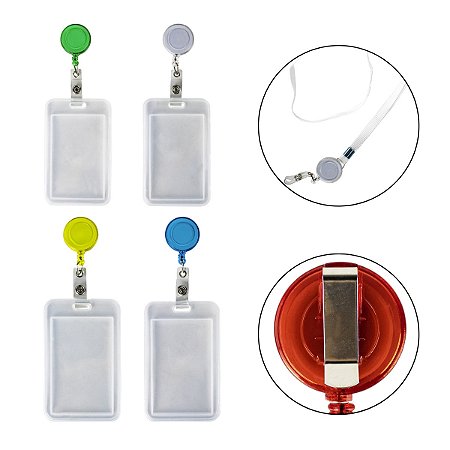 Kit 4 Porta Crachá Cordão Colorido Com Roller Clip Retrátil