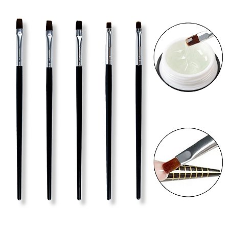 Kit 5 Pincéis Cerdas Retas para Modelagem Alongamento Unhas