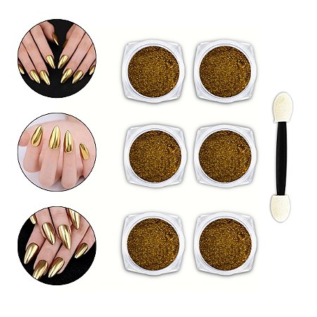 Kit 6 Pó Cromado Metalizado Dourado Unhas de Gel + 6 Pincéis
