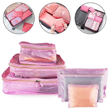 Kit de Viagem 6 Peças Organizadores de Mala Necessaire Rosa