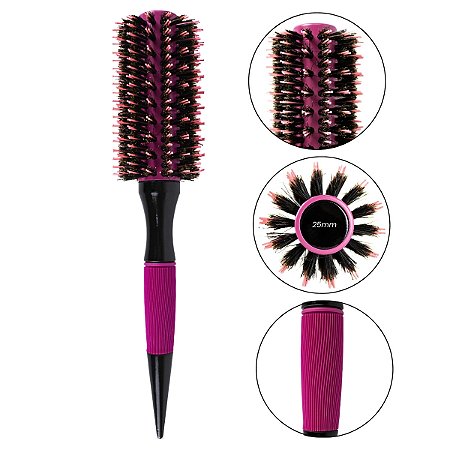 Escova Cabelo Térmica Redonda Cerdas Duplas 25mm Rosa