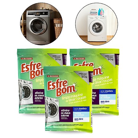 Kit 3 Limpa Máquina Lavar Roupas Sem Cloro Limpeza Esfrebom