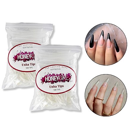 Kit 1000 Tips Stiletto Transparente Unhas de Gel, Honey Girl