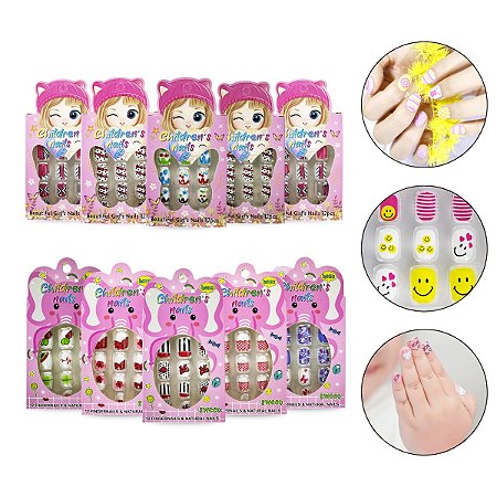 Kit 120 Unhas Postiças Infantil Criança Desenho Autoadesivo