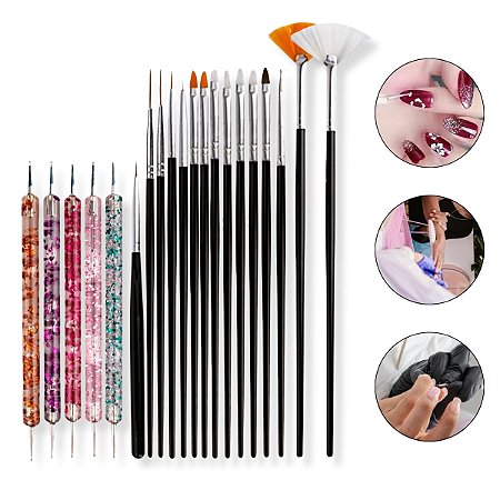 Kit 15 Pincéis + 5 Boleadores Duas Pontas Decoração de Unhas