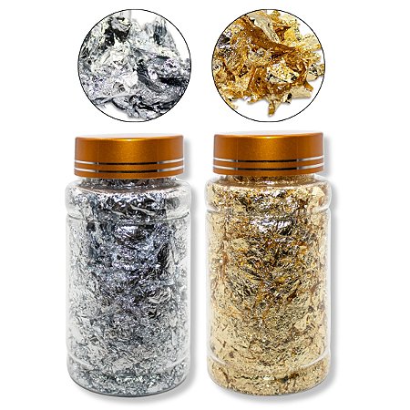 Kit 2 Potes Grandes Folha Ouro Dourado Prata Decoração Unhas