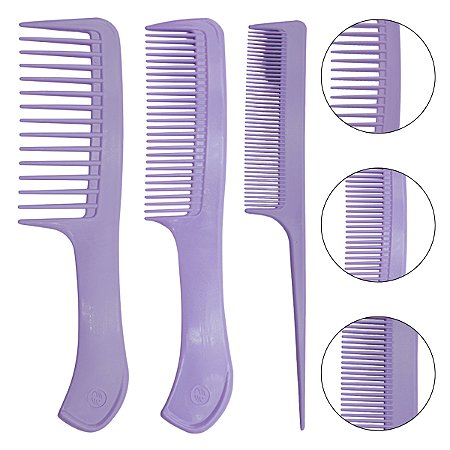 Kit 3 Tamanhos de Pente Roxo Plástico para Cabelos Penteados