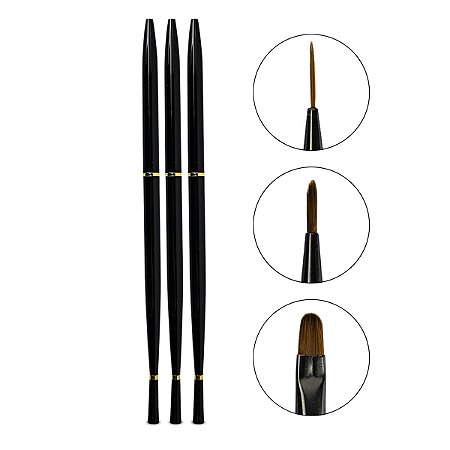 Kit 3 Pincel Fino Médio Língua de Gato Com Tampa Nail Art