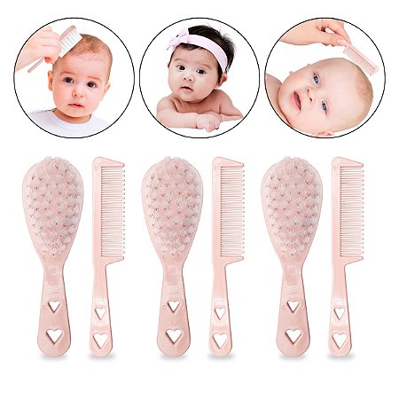 Kit 3 Pentes + 3 Escovas de Cerdas Macias Rosa Bebê Infantil