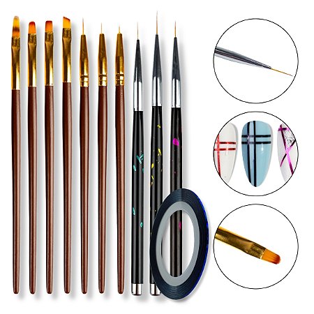 Kit 7 Pincel Unhas de Gel + 3 Pincéis Ultra Fino + Brinde