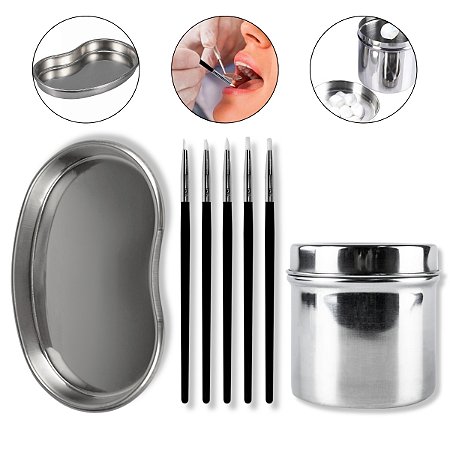 Kit 5 Pincéis Silicone +Cuba Rim+ Frasco 8cm Aço Inox Odonto