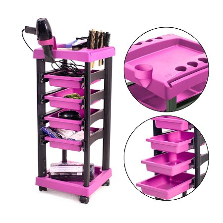Carrinho Auxiliar Multiuso Desmontável 4 Gavetas Preto Rosa