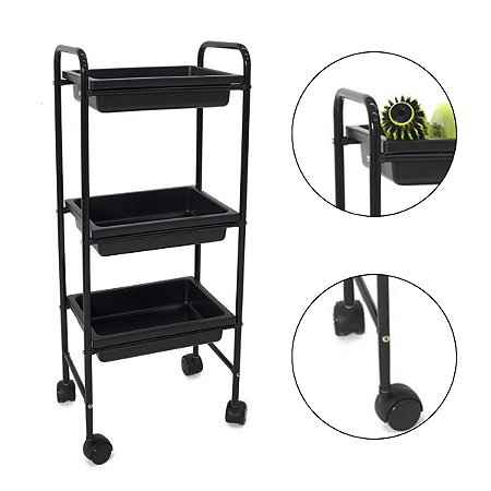 Carrinho Móvel Multiuso Auxiliar Grande Com 3 Bandejas Preto