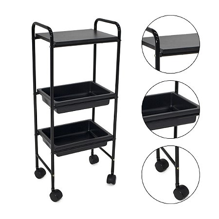 Carrinho Móvel Pratique 1 Prateleira + 2 Bandejas Preto